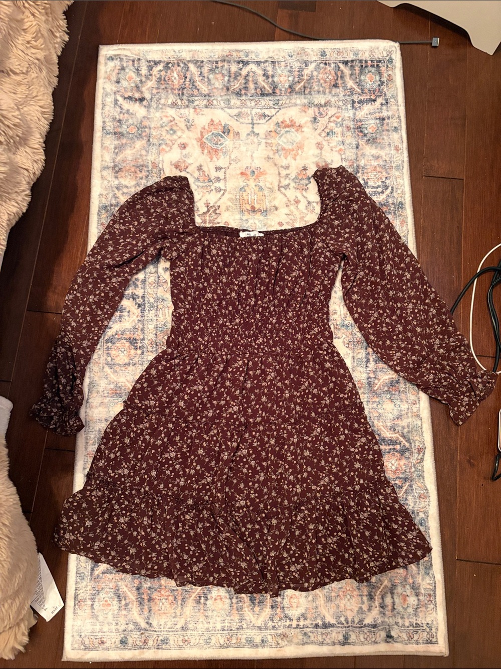Women's Burgundy Floral Long-Sleeve Smocked Waist Dress